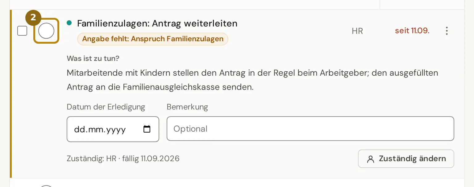 Aufgeklappte Aufgabe mit Kreis, Titel, Zuständigkeit, Frist, Erklärtext und den Feldern Datum und Bemerkung, markiert ist der Kreis