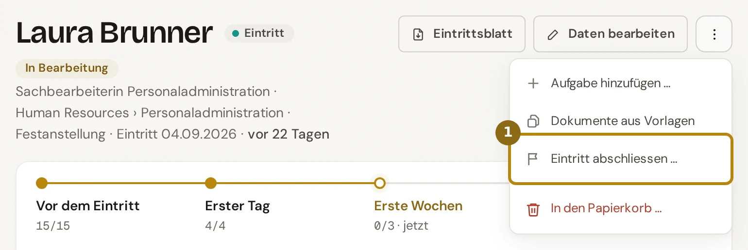 Kopf einer Checkliste mit geöffnetem Menü, markiert ist der Eintrag Eintritt abschliessen
