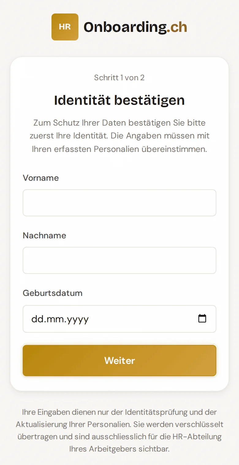 Formular Personalien aktualisieren auf dem Handy mit dem ersten Schritt Identität bestätigen, so sieht es die Person nach dem Öffnen des Links