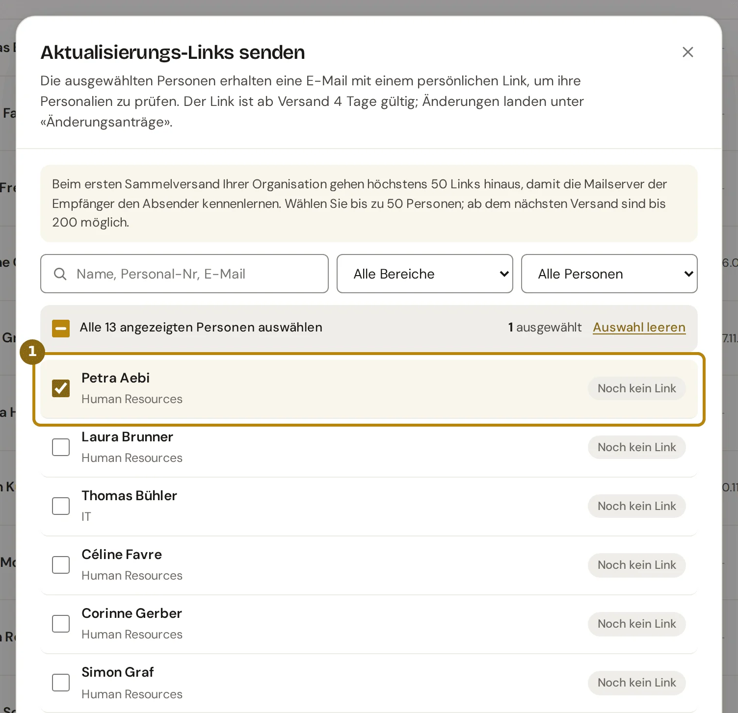Dialog Aktualisierungs-Links senden mit Suchfeld, Filtern und der Liste der Personen, markiert ist die gewählte Person