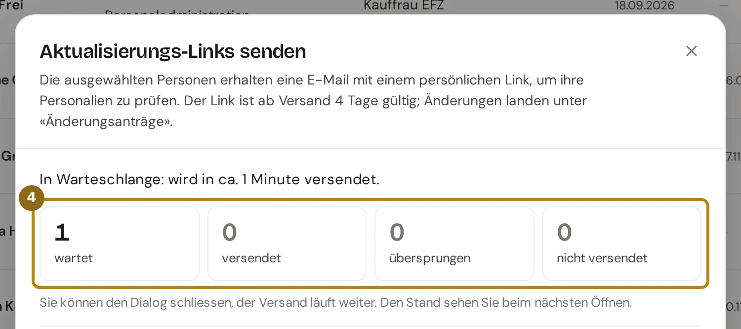 Stand des Versands im Dialog mit den Zahlen für wartet, versendet, übersprungen und nicht versendet