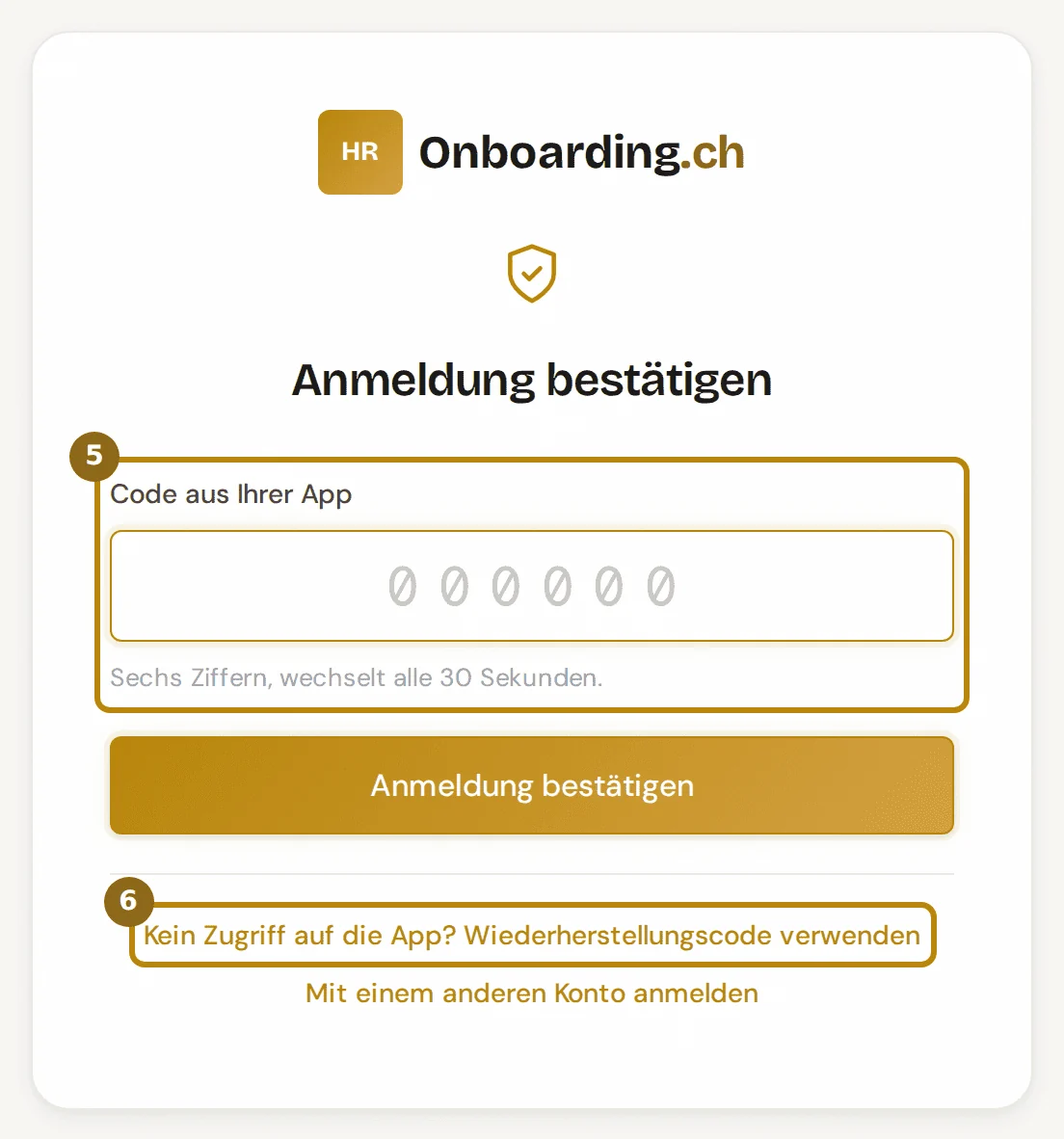 Schritt Anmeldung bestätigen, markiert sind das Feld für den Code aus der App und der Weg zum Wiederherstellungscode