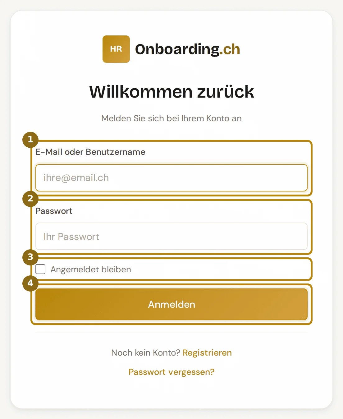 Anmeldeseite, markiert sind E-Mail oder Benutzername, Passwort, Angemeldet bleiben und der Knopf Anmelden
