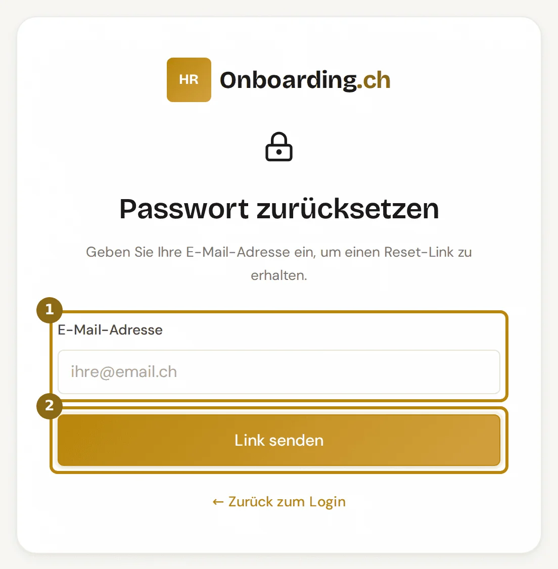 Seite Passwort zurücksetzen, markiert sind das Feld E-Mail-Adresse und der Knopf Link senden