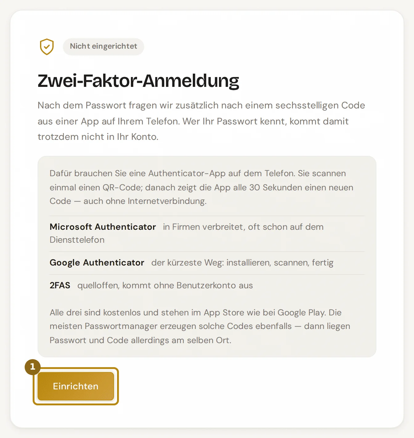 Seite Zwei-Faktor-Anmeldung vor der Einrichtung, markiert ist der Knopf Einrichten