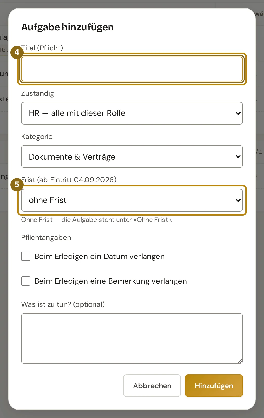 Dialog Aufgabe hinzufügen mit Titel, Zuständig, Kategorie, Frist samt Fälligkeit, Pflichtangaben und Erklärtext, markiert sind Titel und Frist