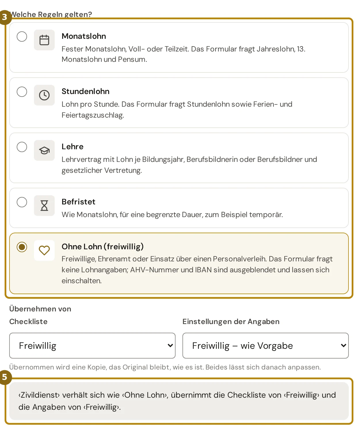 Dialog Anstellungsart anlegen mit den fünf Karten der Grundtypen, gewählt ist Ohne Lohn, darunter Übernehmen von mit Checkliste und Einstellungen der Angaben und der Satz, der zusammenfasst, was entsteht