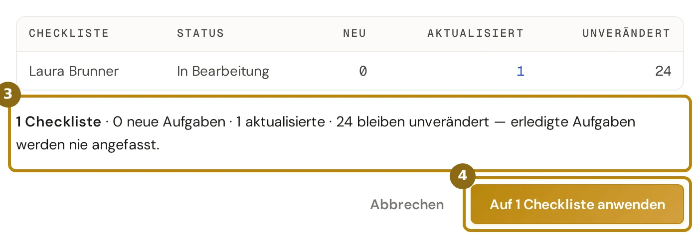 Dialog der Vorschau mit einer Tabelle je Fall, der Summe und dem Knopf, markiert sind Summe und Knopf