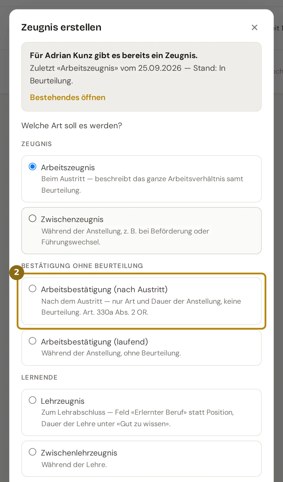 Dialog Zeugnis erstellen mit der Gruppe Bestätigung ohne Beurteilung, markiert ist die Arbeitsbestätigung nach Austritt