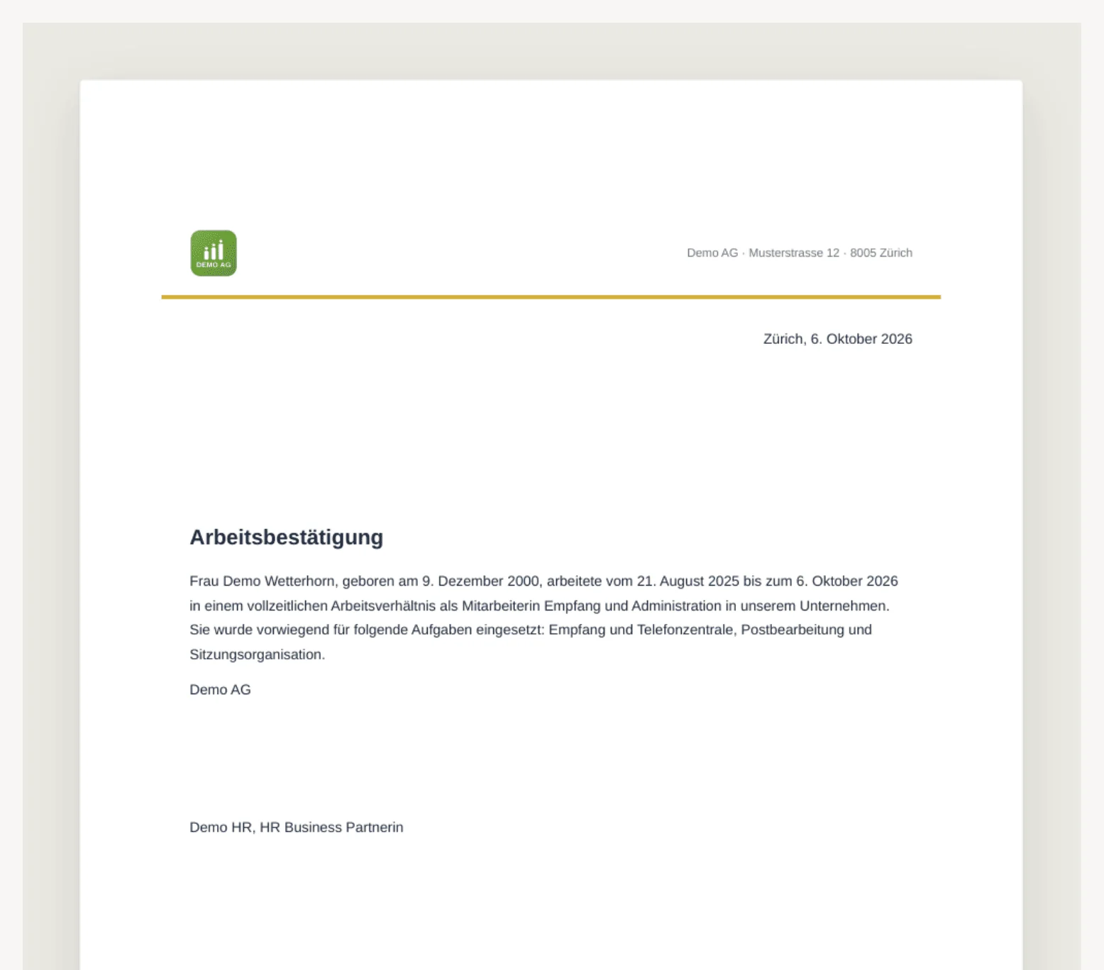 Vorschau einer Arbeitsbestätigung der Demo AG mit Titel und einem Absatz zu Person, Dauer und Funktion