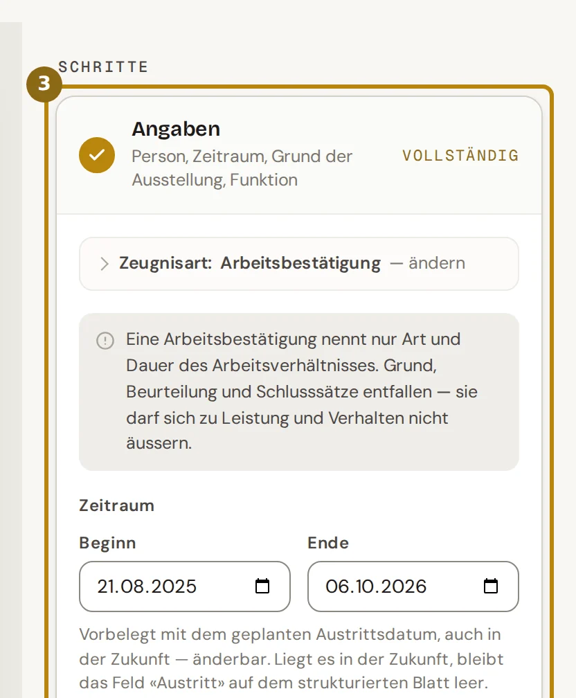 Schritt Angaben einer Arbeitsbestätigung mit dem Hinweis, dass sie nur Art und Dauer nennt, markiert ist die Liste der Schritte