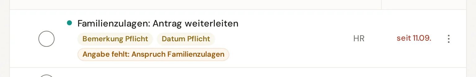 Offene Aufgabe in der Checkliste mit der Marke Angabe fehlt und dem Namen der fehlenden Angabe