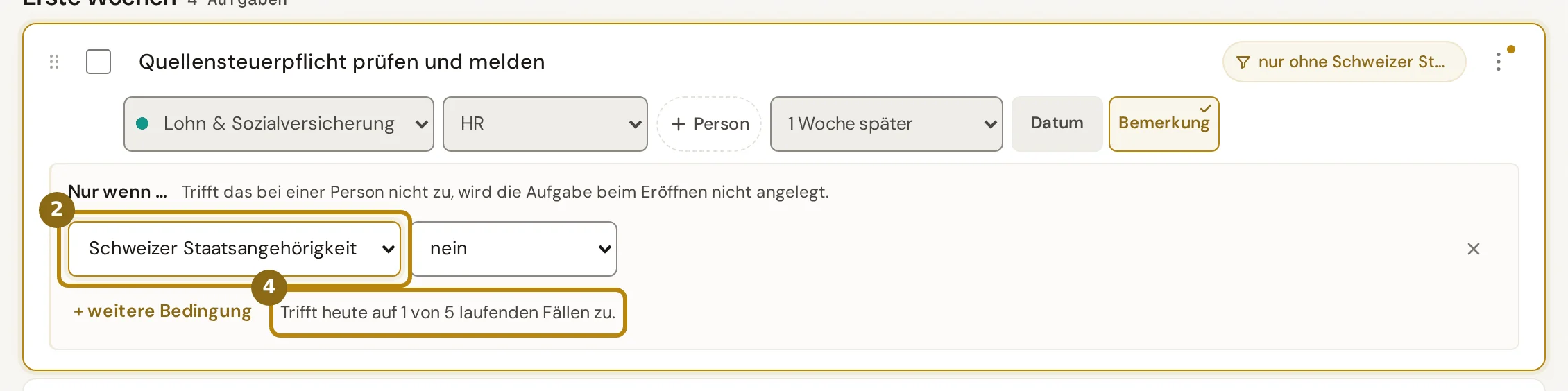 Aufgeklappter Bereich Nur wenn mit Feld, Vergleich und der Zahl der laufenden Fälle, markiert sind das Feld und die Vorschau