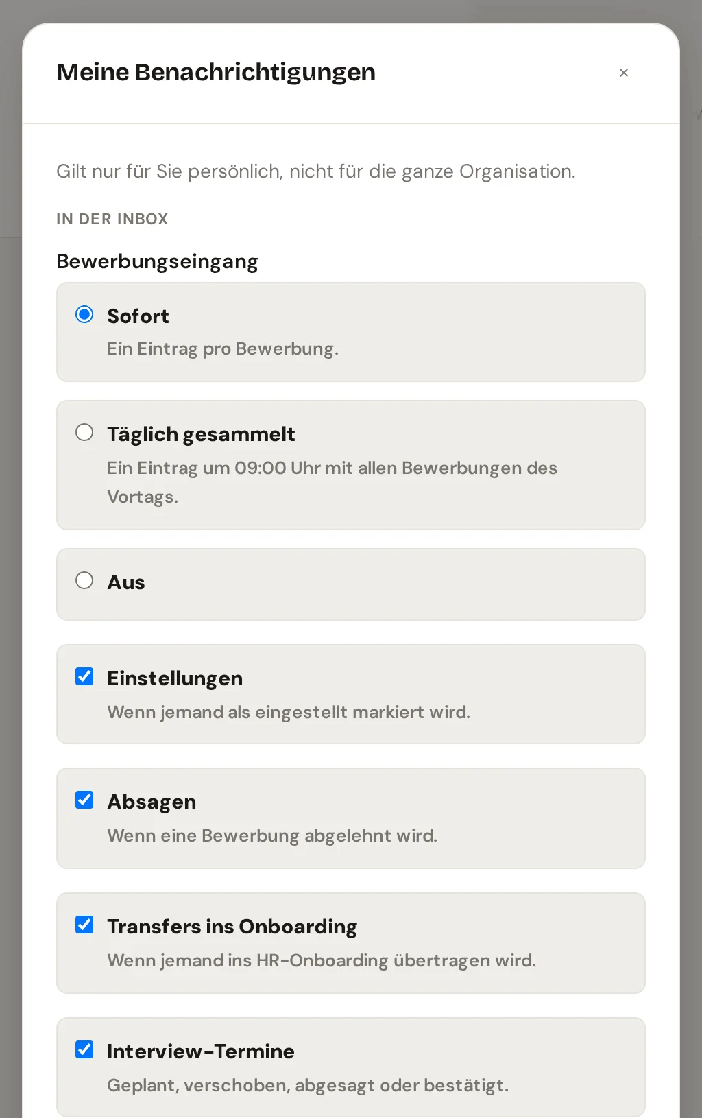 Fenster Meine Benachrichtigungen im Recruiting mit Bewerbungseingang sofort, täglich gesammelt oder aus und den Mails je Ereignis