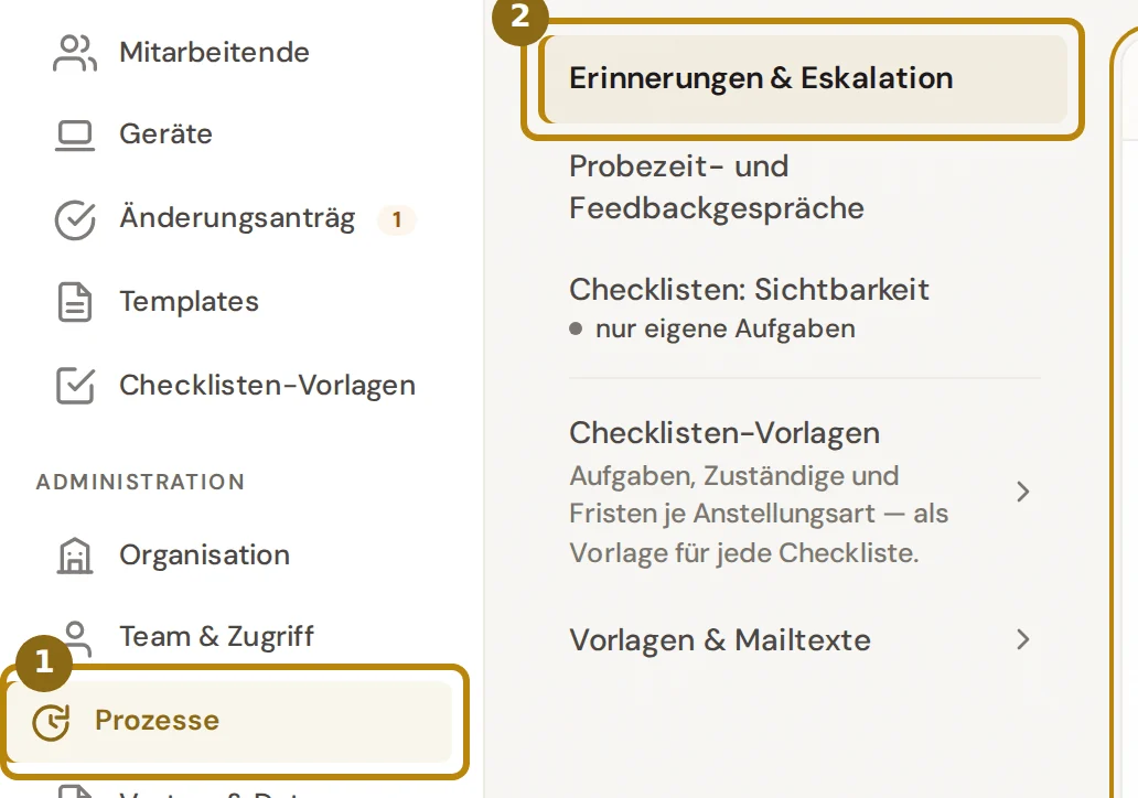 Seitenleiste mit dem Eintrag Prozesse und die Abschnittsliste der Gruppe, markiert sind der Eintrag und der Abschnitt Erinnerungen und Eskalation