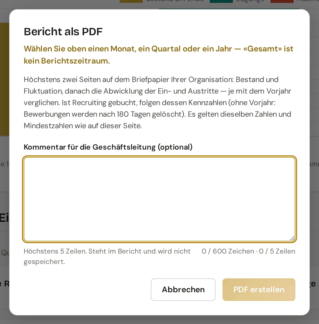 Dialog Bericht als PDF bei gewähltem Zeitraum Gesamt, mit dem Hinweis, einen Monat, ein Quartal oder ein Jahr zu wählen