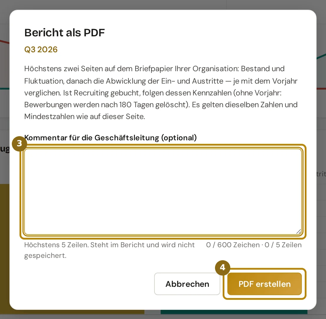 Dialog Bericht als PDF mit dem Zeitraum Q3 2026, dem leeren Kommentarfeld und dem Knopf PDF erstellen, beide markiert