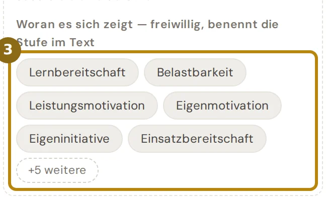 Zeile Woran es sich zeigt mit den Kriterien einer Fähigkeit als Chips, markiert ist die Liste der Kriterien