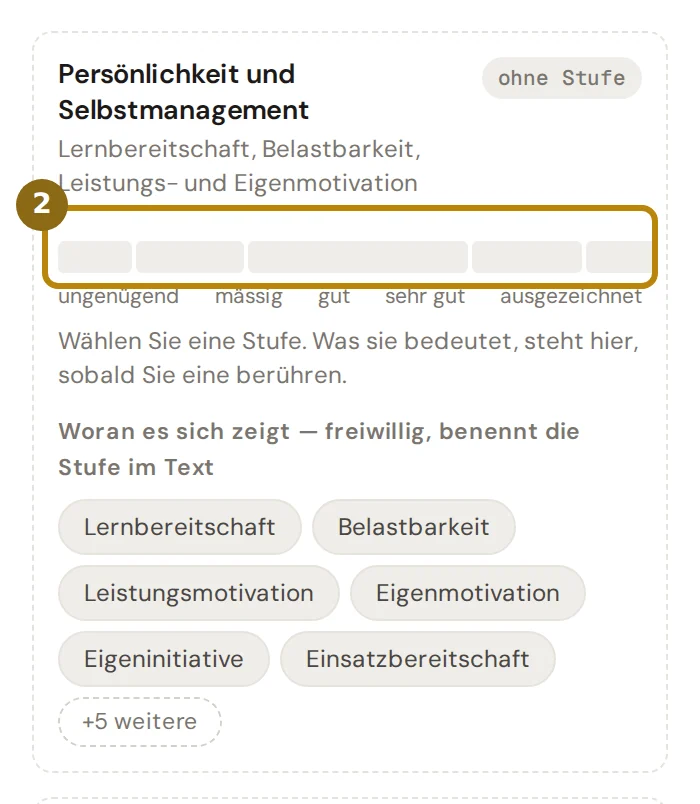 Karte der Fähigkeit Persönlichkeit und Selbstmanagement mit der Leiste der fünf Stufen, markiert ist die Leiste