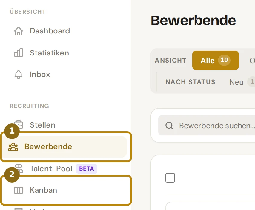 Seitenleiste des Recruitings neben der Liste Bewerbende, markiert sind die Einträge Bewerbende und Kanban