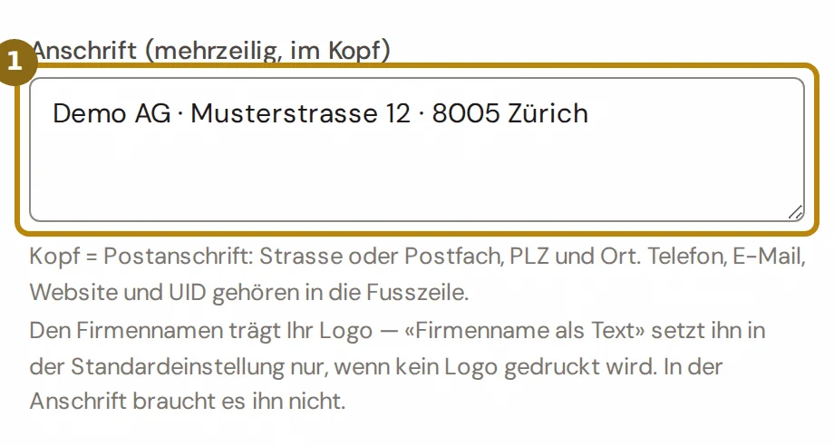 Feld Anschrift im Abschnitt Briefpapier mit Strasse, PLZ und Ort, das Feld zum Ausfüllen ist markiert