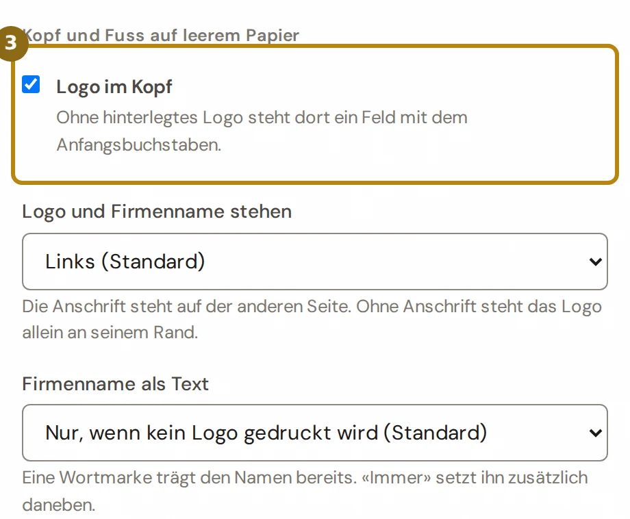 Gruppe Kopf und Fuss auf leerem Papier mit den Schaltern für Logo, Firmenname und Adressblock, markiert ist der Schalter Logo im Kopf