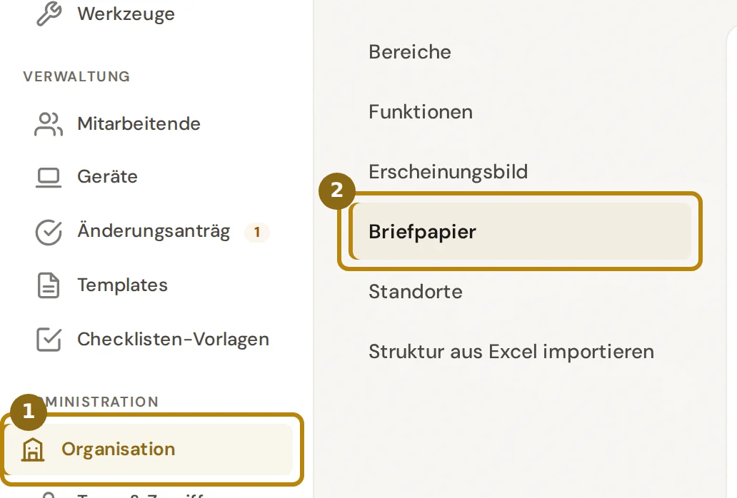 Seitenleiste und Abschnittsliste der Administration, markiert sind der Eintrag Organisation und der Abschnitt Briefpapier