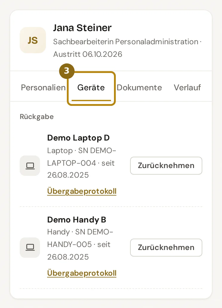 Reiter Geräte auf der Checkliste eines Austritts mit den Geräten der Person unter Rückgabe, markiert ist der Reiter