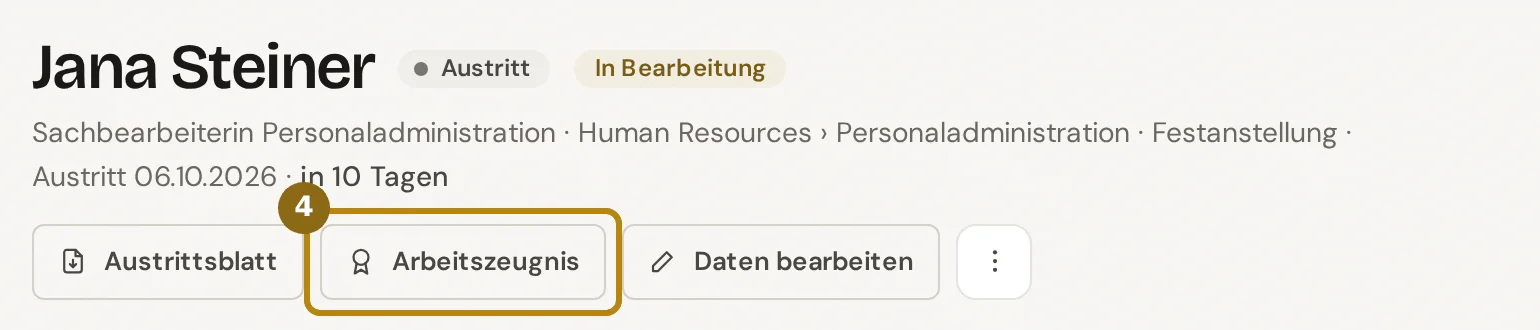 Kopf der Austritts-Checkliste mit Name, Status und den Knöpfen, markiert ist der Knopf Arbeitszeugnis