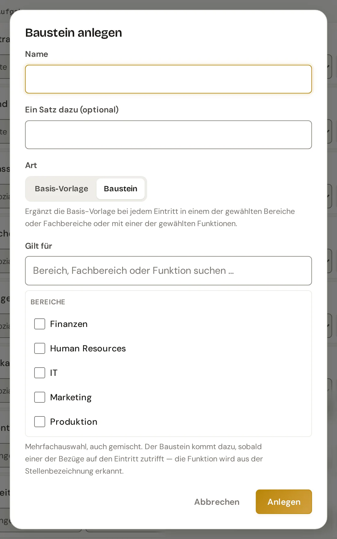 Dialog Baustein anlegen mit Name, Art und der Auswahl, für welche Bereiche, Fachbereiche oder Funktionen der Baustein gilt