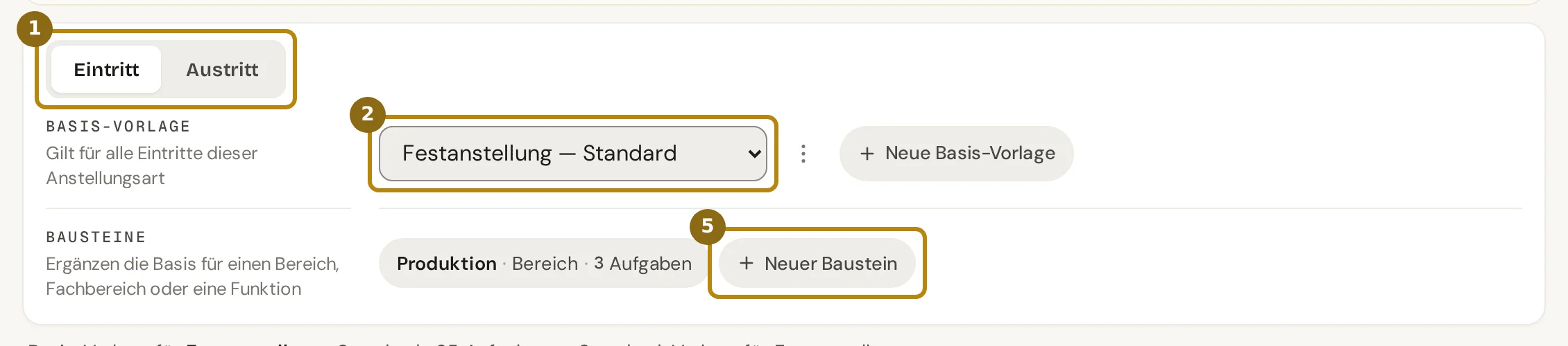 Leiste der Seite Checklisten-Vorlagen, markiert sind die Wahl zwischen Eintritt und Austritt, die Basis-Vorlage und der Knopf Neuer Baustein