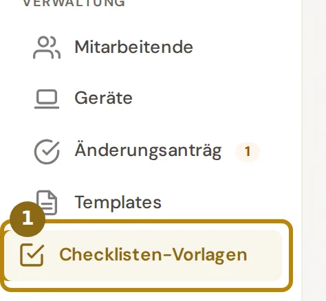 Seitenleiste mit den Einträgen der Verwaltung, markiert ist der Eintrag Checklisten-Vorlagen