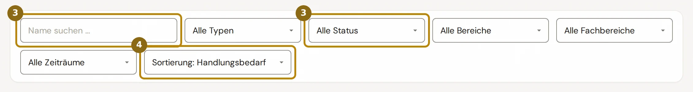 Filterzeile über der Liste, markiert sind das Suchfeld, der Filter nach Status und die Sortierung