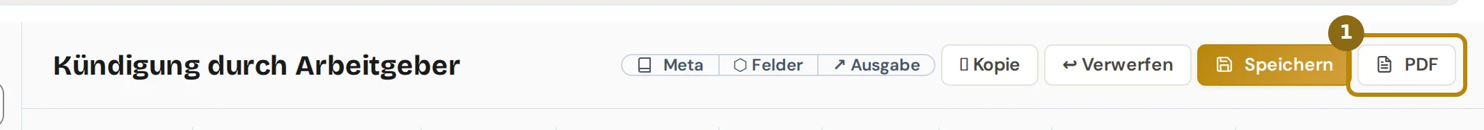 Kopf des Editors einer Vorlage, markiert ist der Knopf PDF