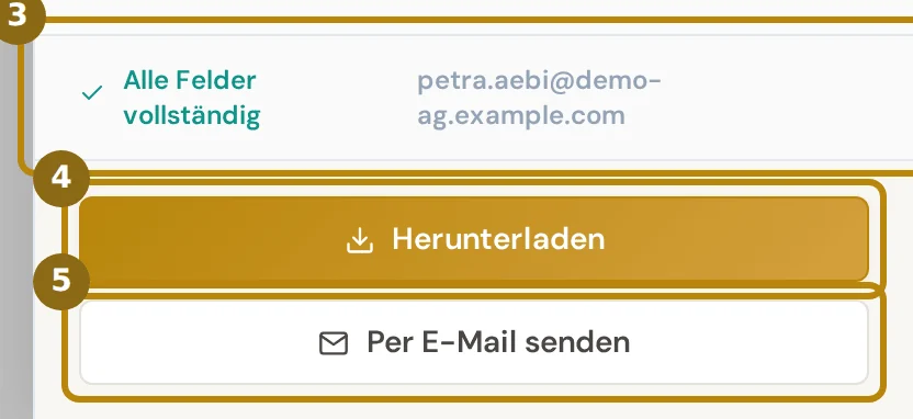 Ergebnis der Feldprüfung und darunter die Knöpfe Herunterladen und Per E-Mail senden, markiert sind die Prüfung und beide Knöpfe