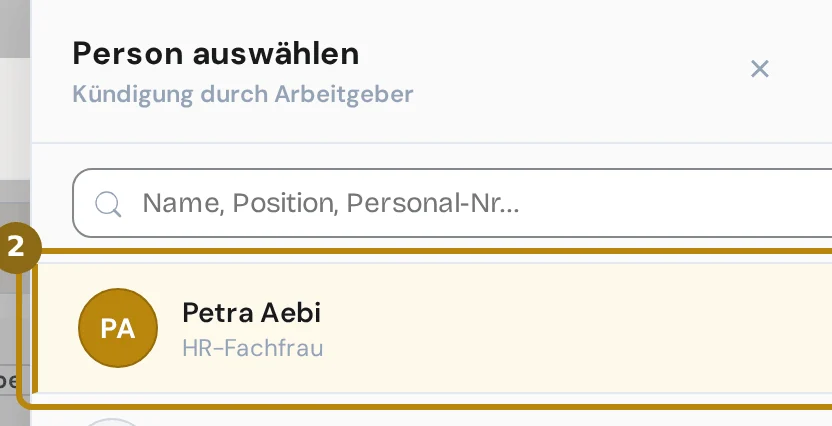 Seitenfenster Person auswählen mit Suchfeld und der Liste der Mitarbeitenden, markiert ist die gewählte Person