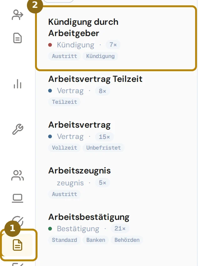 Seitenleiste mit dem Eintrag Templates und die Liste der Dokument-Vorlagen, markiert sind der Eintrag und die erste Vorlage