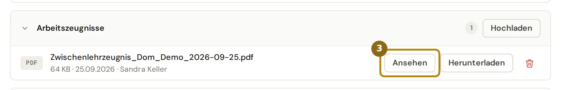 Aufgeklappter Ordner Arbeitszeugnisse mit einem abgelegten PDF, markiert ist der Knopf Ansehen
