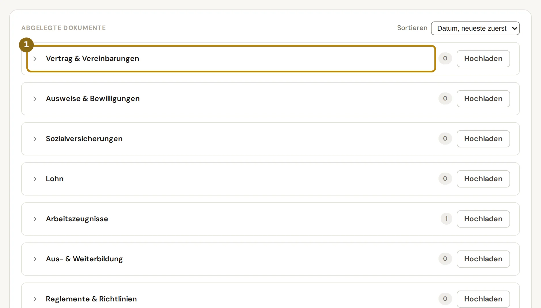 Reiter Dokumente mit den zugeklappten Ordnern der Personalakte und der Zahl der Dokumente je Ordner, markiert ist der erste Ordner