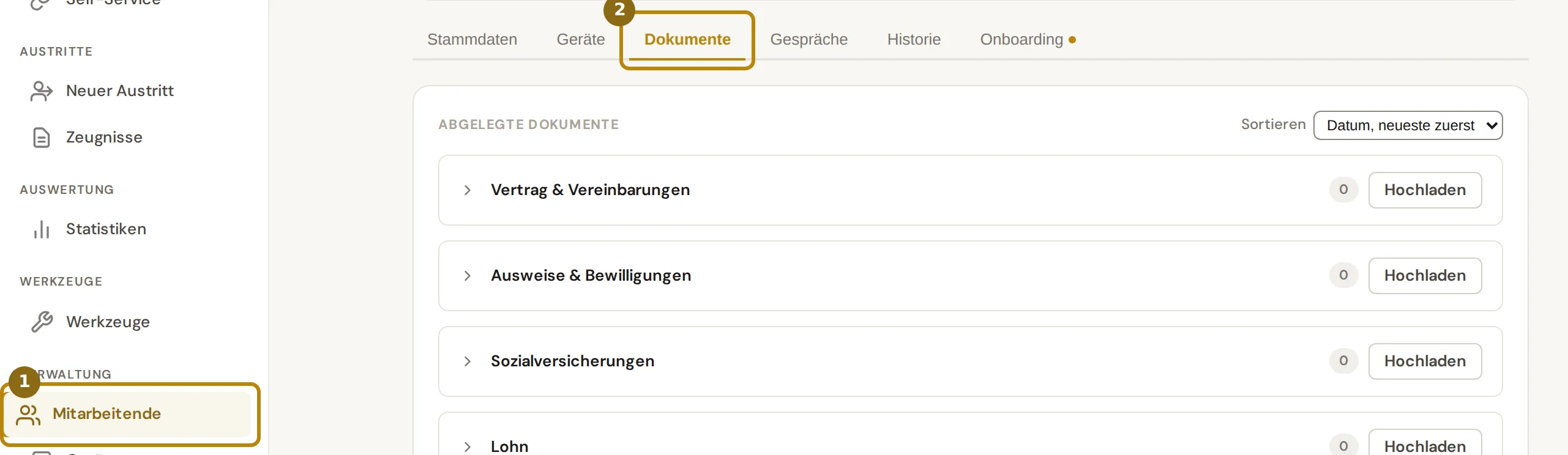 Seitenleiste mit dem Eintrag Mitarbeitende und die Reiter der Personalakte, markiert sind der Eintrag und der Reiter Dokumente