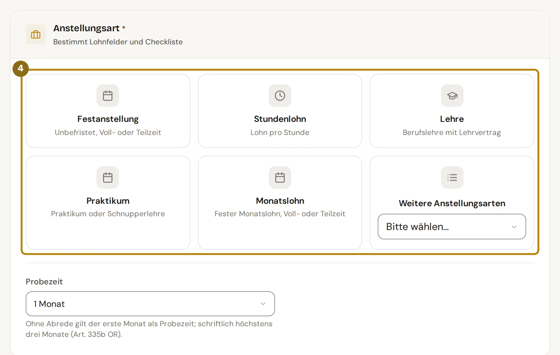 Abschnitt Anstellungsart mit den Karten der Anstellungsarten und der Auswahl Probezeit, markiert sind die Karten