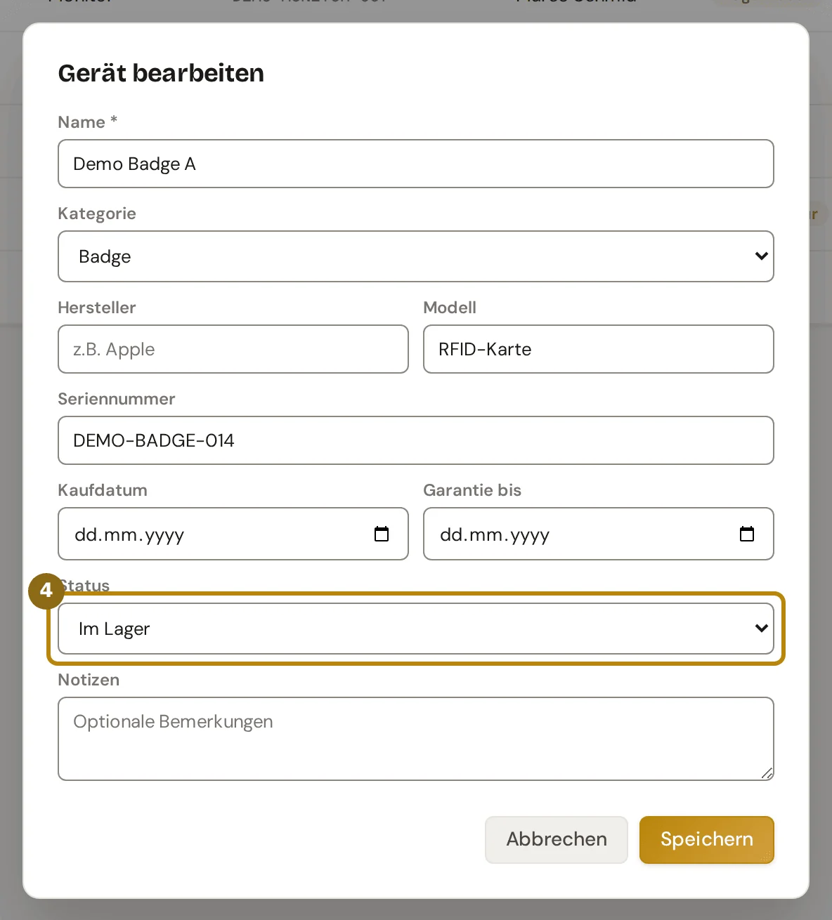 Fenster Gerät bearbeiten mit dem Feld Status, markiert ist die Auswahl des Status