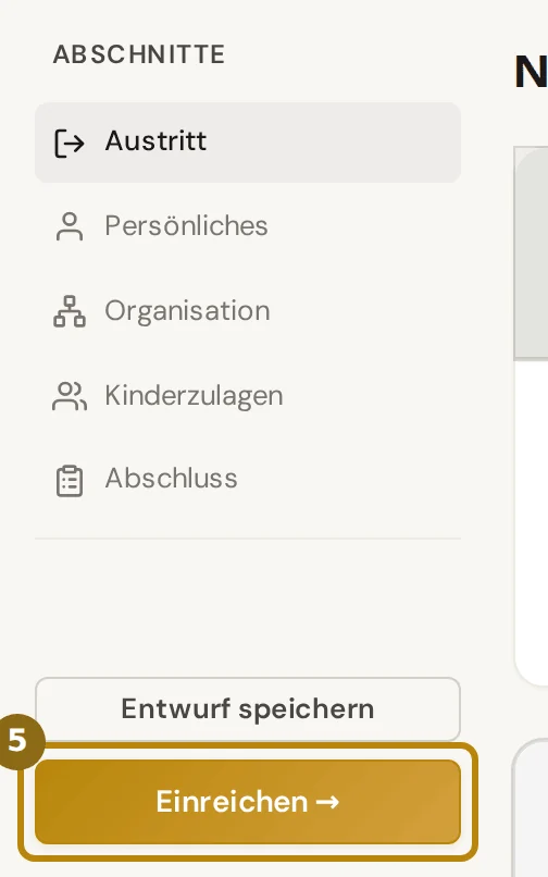 Liste der Abschnitte links in der Maske mit den Knöpfen Entwurf speichern und Einreichen, markiert ist Einreichen