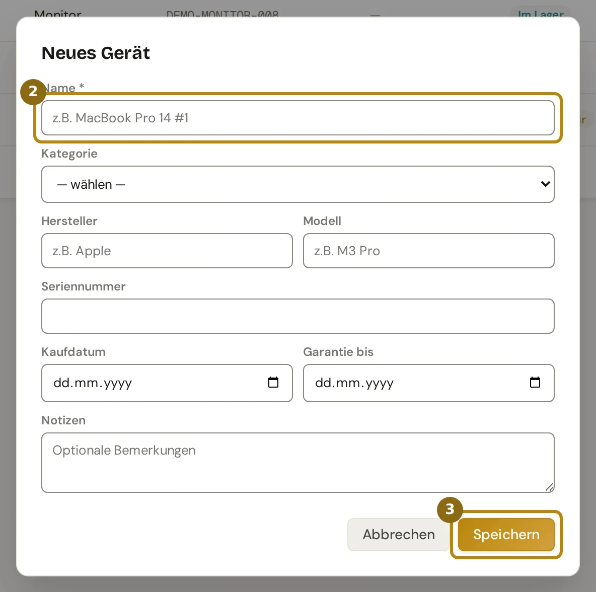 Fenster Neues Gerät mit Name, Kategorie, Hersteller, Modell, Seriennummer, Kaufdatum, Garantie und Notizen