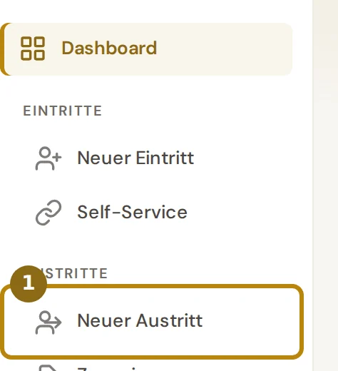Seitenleiste von HR mit Dashboard und Neuer Eintritt, markiert ist der Eintrag für Austritte