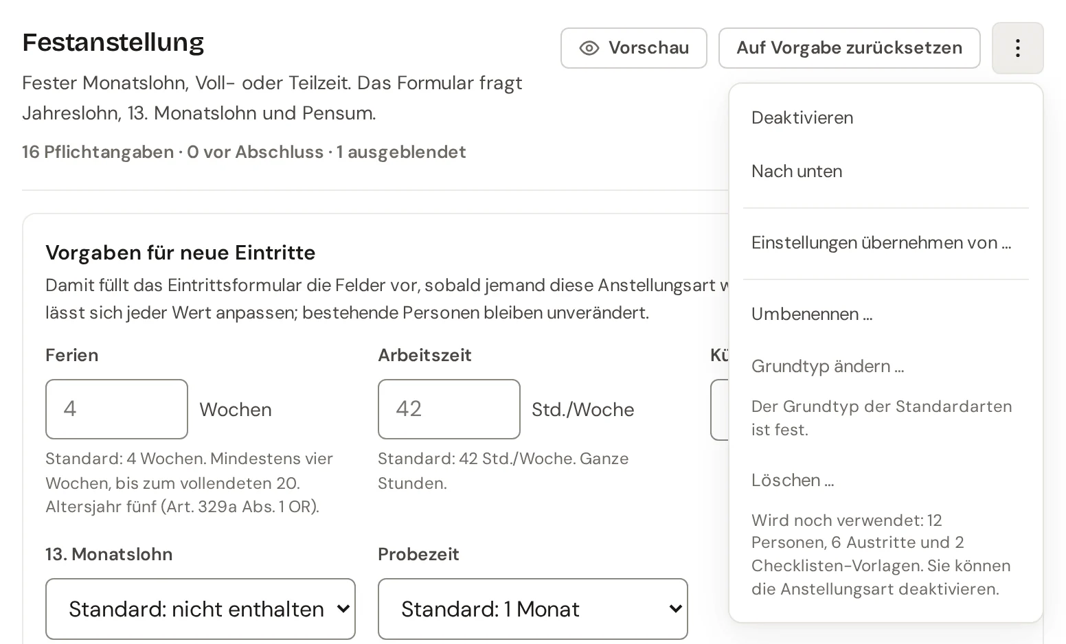Kopf der gewählten Anstellungsart mit geöffnetem Menü Deaktivieren, Nach unten, Einstellungen übernehmen und Umbenennen, darunter blass Grundtyp ändern und Löschen, je mit dem Grund