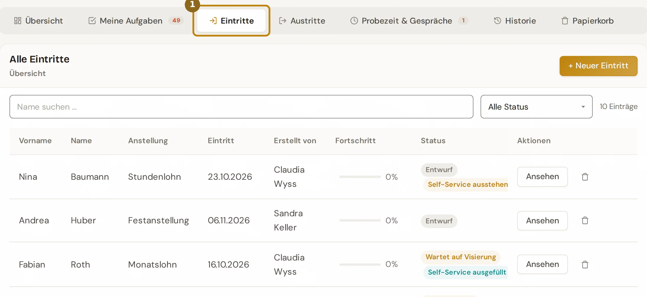 Reiter Eintritte im HR-Dashboard mit der Liste der Eintritte, markiert ist der Reiter