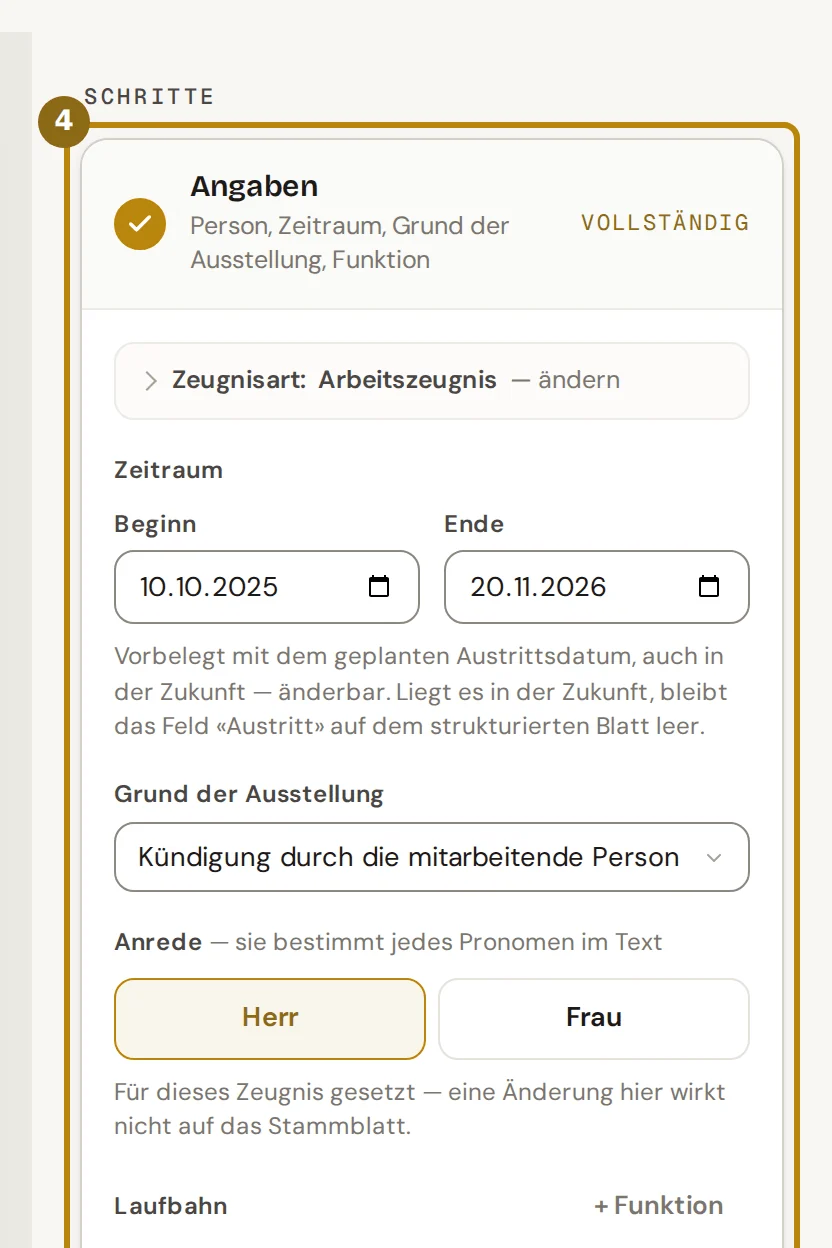 Schrittleiste des Zeugnis-Editors mit dem geöffneten Schritt Angaben, Zeitraum, Grund der Ausstellung und Anrede, markiert ist die Liste der Schritte