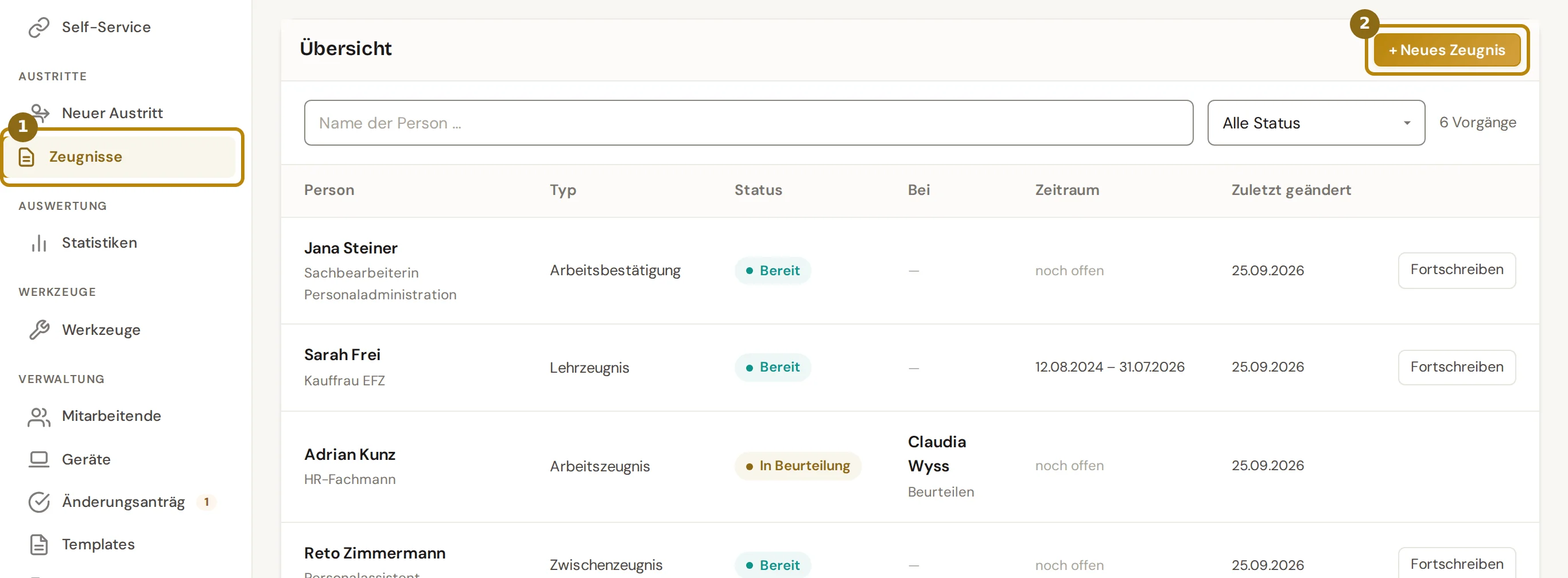 Seitenleiste mit dem Eintrag Zeugnisse und die Liste der Zeugnisse, markiert sind der Eintrag und der Knopf für ein neues Zeugnis