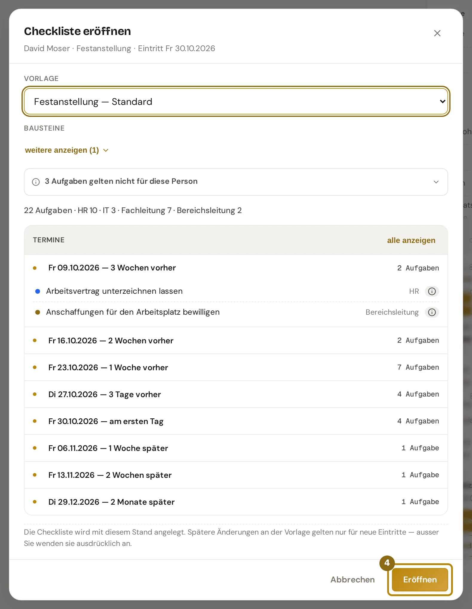 Dialog Checkliste eröffnen mit der vorgeschlagenen Vorlage, den Bausteinen und der Zahl der Aufgaben, markiert ist der Knopf Eröffnen